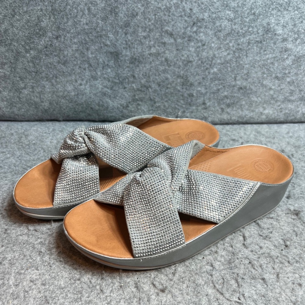FitFlop Lulu Crystal Knot Slide Sandals Silver Microwobbleboard Womens Size 8